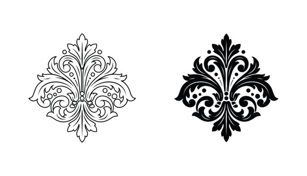 Decorative floral flourish ornament scroll outline and solid vector icons set