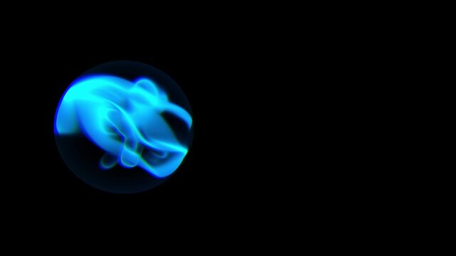 Blue and green plasma energy swirling inside a glass sphere on the left side of a black background providing ample negative space for corporate text