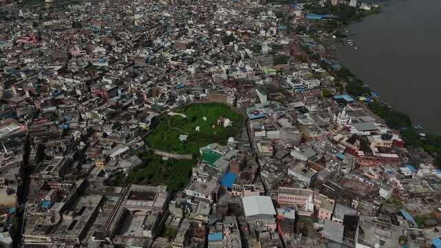 High-Angle Drone shot of the mystical Nidhivan forest and temple complex , Vrindavan