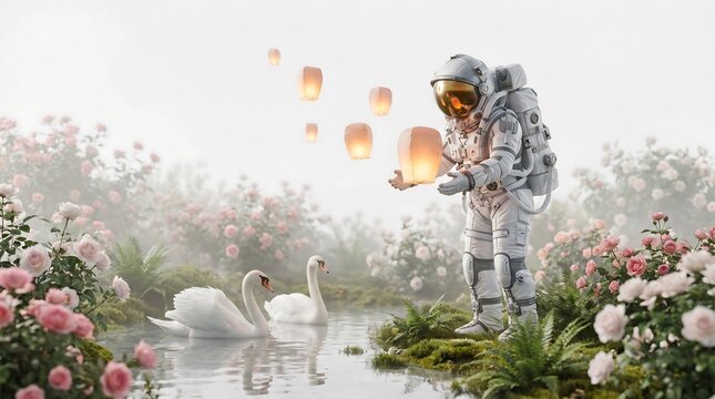 Astronaut releasing glowing sky lanterns beside white swans in a misty pink rose garden, serene and magical fantasy scene with soft light.