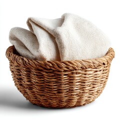 Obraz premium Natural Woven Basket with Folded Linen Cloth on White Background