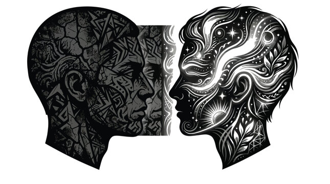 Two human heads facing each other with artistic patterns representing duality of mind and spirit