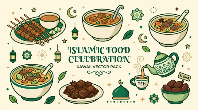 Islamic Food Celebration Kawaii Vector Set: Satay, Rendang, Dates, and Beef Soup for Eid al-Adha and Ramadan Graphics.