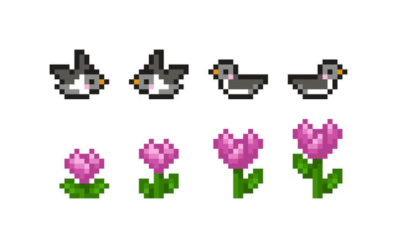 A set of pixel art game asset sprites featuring a pigeon flying bird in four animation frames and purple tulip with green stems. This retro 8-bit asset pack is for platformer game environments