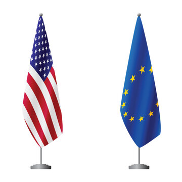 United States and European Union flags on flagpoles for official ceremonies and meetings, transparent background vector