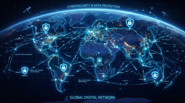 Global digital network with cybersecurity and data protection concept on a world map