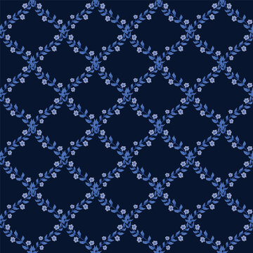 blue preppy Floral whimsy cottagecore damask seamless pattern flower vines background fabric textile