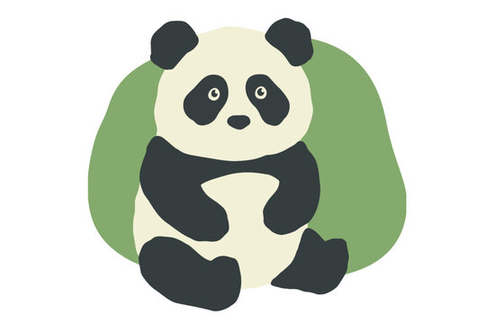 Panda cute little clipart bear cartoon sitting in green organic shape with black and white face minimal drawing flat vector on transparent background