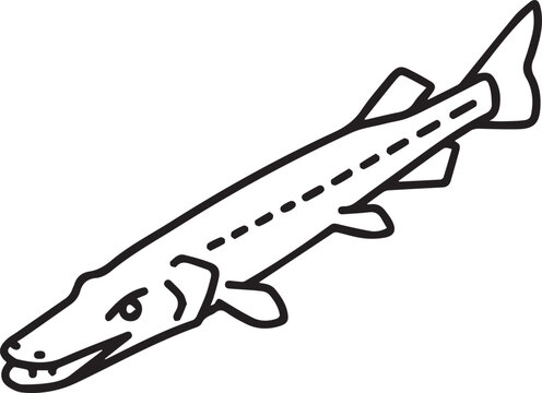 Minimalist Alligator Gar Vector Icon &ndash; Ultra-Clean Black  White Line Art Depiction of Alligator Gar Full-Body Silhouette for Wildlife Conservation, Aquatic Biology, Herpetology Studies