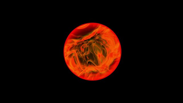 Glowing red sphere of chaotic energy swirling in a black void representing nuclear fusion or a microscopic cell with intense heat and internal motion
