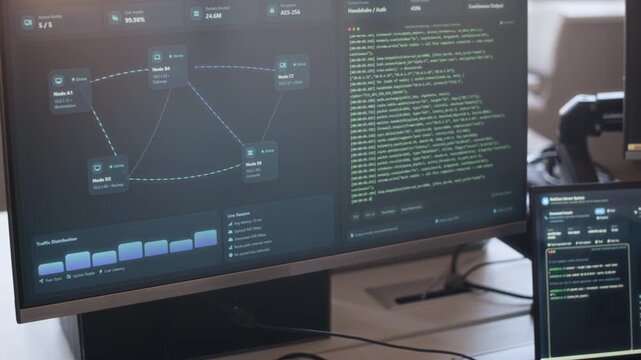 Cropped handheld shot of hands of unrecognizable network administrator typing on keyboard while programming code on computer while working in security center