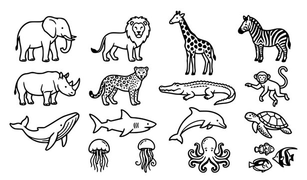Cartoon African Fauna and Marine Creature Silhouette Vector Set