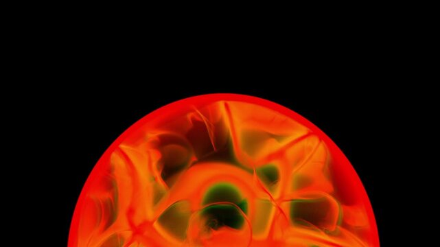 Macro view of the upper half of a red glowing energy orb showing intricate internal patterns and organic fluid motion against a stark black background