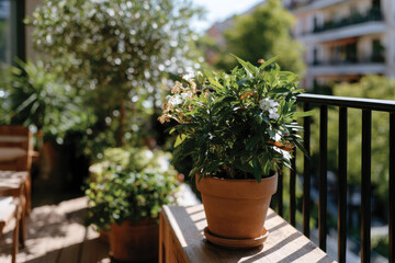 Fototapeta premium Charming Array of Lush Green Plants in Terracotta Pots on Sunlit Balcony, Serene and Inviting Outdoor Space, Relaxation and Enjoyment, Balcony Garden Atmosphere Scene