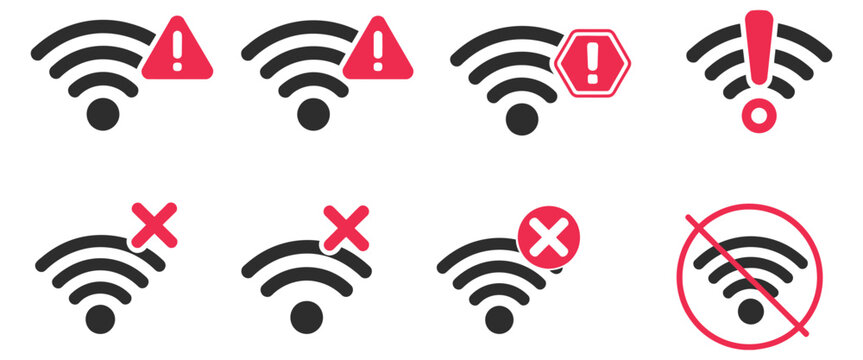 No WiFi Icon Set Featuring Wireless Signal with Prohibition Symbol for No Internet Access, Error Notification, and Network Restriction Concept Vector Illustration