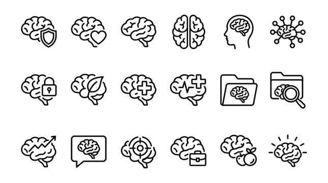 Minimalist brain icon set, 18 mental health and neurology line icons, human brain symbols for psychology and artificial intelligence, vector stroke graphics