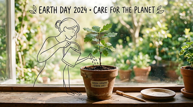 Earth Day 2029 poster with potted plants on windowsill in natural light
