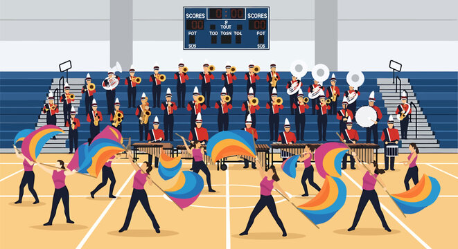 Colorful marching band performance with flags in indoor stadium with spectators
