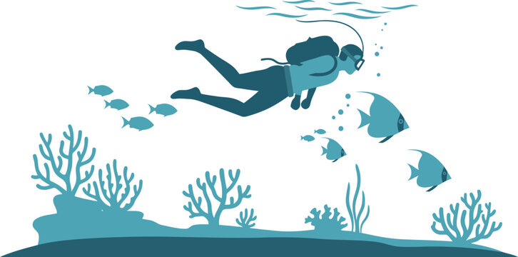 Scuba diver swimming with fish and coral reef