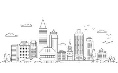 Fototapeta premium Vector illustration of a modern city skyline with various buildings and clouds