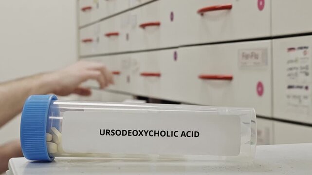 URSODEOXYCHOLIC ACID tablets used to treat liver disease and dissolve gallstones a bile acid
