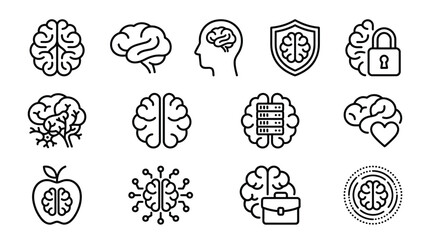 Fototapeta premium Brain icons represent various concepts of human cognition, mental health, digital intelligence, and protection.