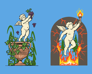 Obraz premium Classical cherub artwork featuring a grape harvester and a torch bearer in vintage style