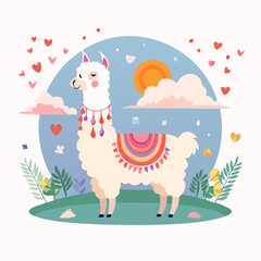 Obraz premium Cute Llama with Colorful Blanket and Hearts