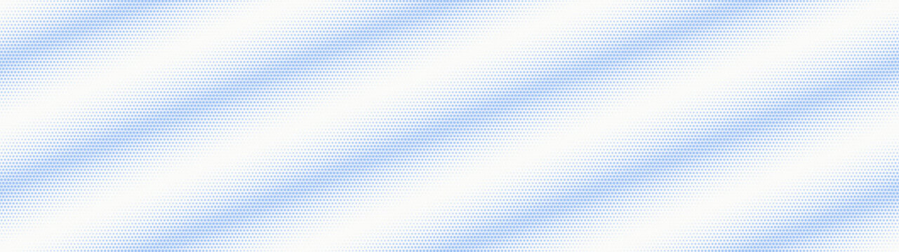 Classic halftone retro styled graphic pattern diagonal striped structure ultra wide 32:9 aspect ratio white blue vector abstract background. Half tone dots panoramic ultrawide translucent abstraction