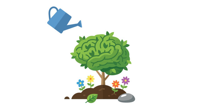 Brain tree grows from fertile soil as a watering can provides essential care to stimulate cognitive development.