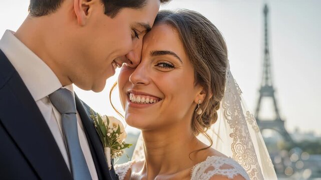 Happy newlywed couple smiling in Paris. Close-up of a bride and groom embracing with the Eiffel Tower in the background. Destination wedding and romance concept