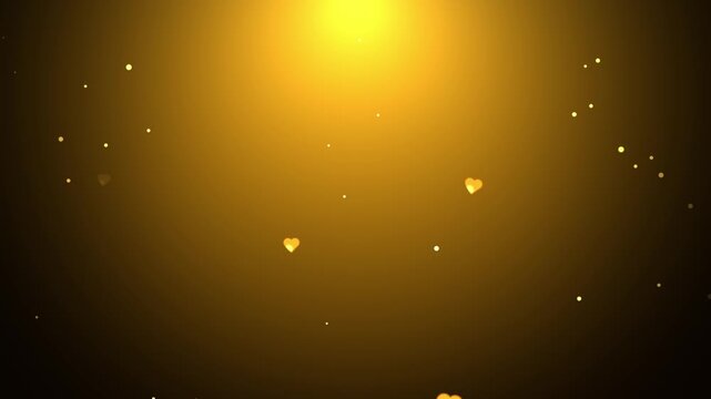 Golden flying hearts and glowing particles floating against a warm gold background
