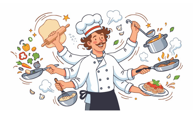 Talented multitasking kitchen chef cartoon vector illustration with multiple cooking actions