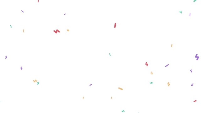Colorful hand drawn confetti animation falling over a white background