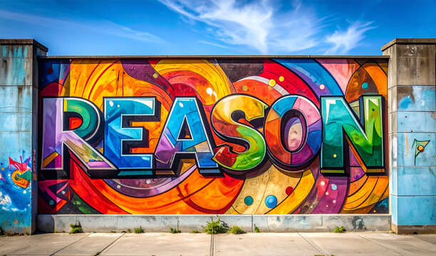 Reason - Ein farbenfrohes Graffiti-Kunstwerk auf einer urbanen Wand mit leuchtenden Farben und abstrakten Muster.