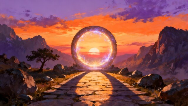 Stone path leading to glowing portal in mountain landscape
