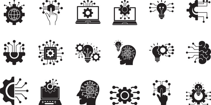 artificial intelligence and machine learning icon collection with neural network robotics smart automation and digital technology symbols for modern web and app design