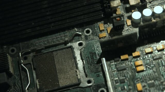 Closeup Of Motherboard CPU Socket Revealing Corrosion And Dust During Technical Repair Procedures . Media
