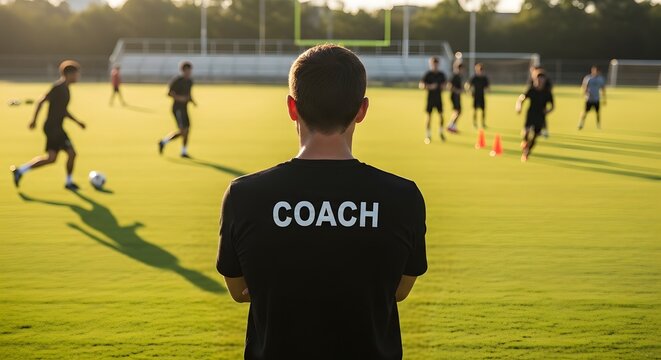 Rear View Of Professional Coach Observing Football Training Session