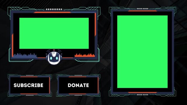 Futuristic Sci-Fi Gaming Overlay with Green Screen Panels and Robot Mascot