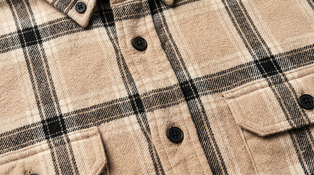 Close-up of a beige plaid flannel shirt with black buttons, angled on the surface. The texture of the fabric, the Scottish pattern and the details of the pockets. Isolated on a white background. 