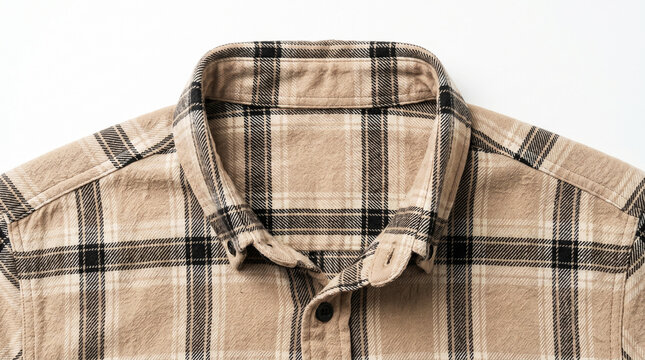 Close-up of the collar of a beige plaid flannel shirt with black buttons. Details of the fabric texture and tartan pattern. Isolated on a white background. 