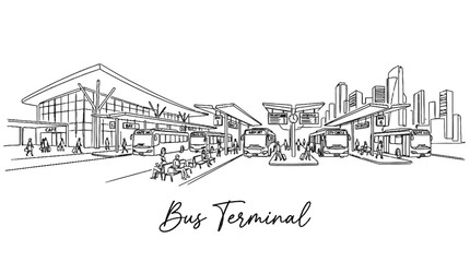 Fototapeta premium Modern bus terminal with multiple platforms and urban skyline backdrop