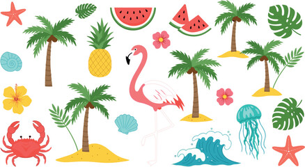 "Set of Tropical Beach Illustrations with Flamingo, Palms, Pineapple, Crab, Watermelon, and Jellyfish" © Shakhawat