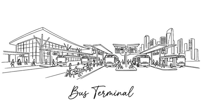 Modern bus terminal with multiple platforms and urban skyline backdrop