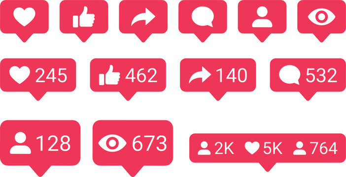 Social Media Notifications Icon Set with Red Speech Bubble Counters for Like Heart Share Follower Views and Engagement Metrics