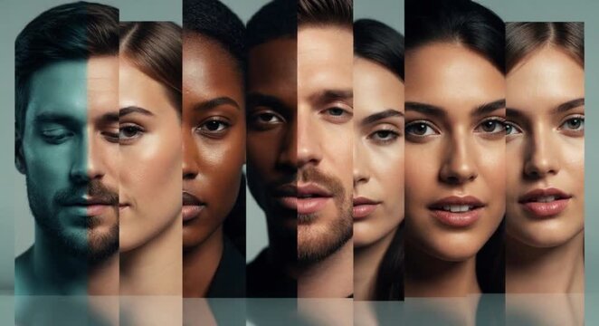 Diverse faces looking forward in a artistic vertical split collage with serious mood in a studio.