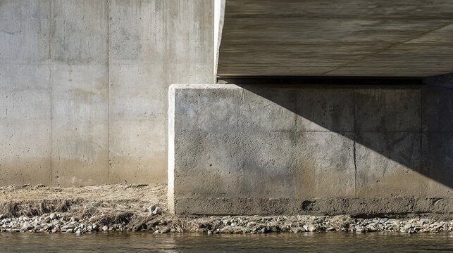 abutment. Close-up detail of a solid concrete bridge abutment connecting to a riverbank. mobility guides, transit brochures, designed for transport & logistics marketing.