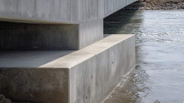 abutment. Close-up detail of a solid concrete bridge abutment connecting to a riverbank. mobility guides, transit brochures, designed for transport & logistics marketing.