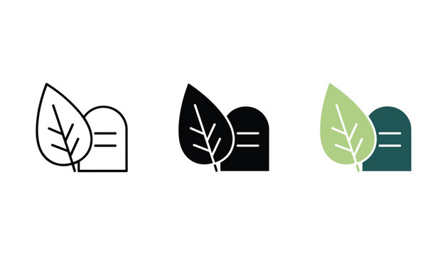 Icon representing headstone and leaf in outline solid black and green flat color styles for funeral or nature themes